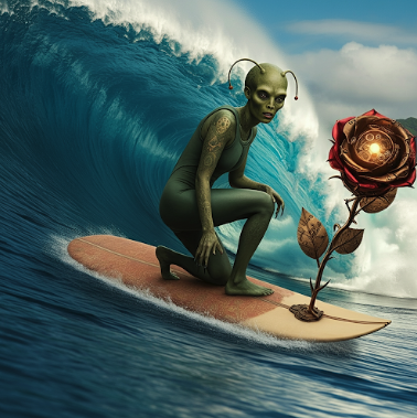 A martian surfing a big wave holding a steampunk rose