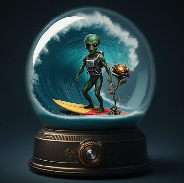 A snow globe with a martian surfing a big wave holding a steampunk rose