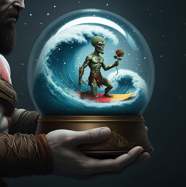 Kratos holding a snow globe with a martian surfing a big wave holding a steampunk rose