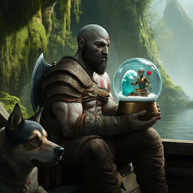 Kratos is stitting on a boat holding a snow globe with a martian surfing a big wave holding a steampunk rose