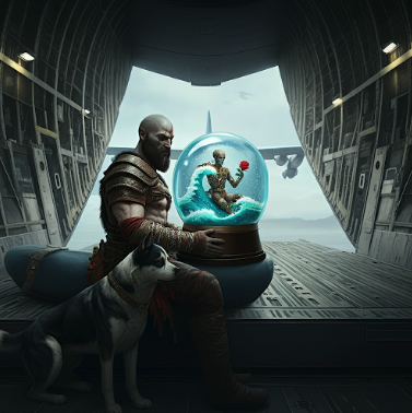 A boat in the loading bat of a flying Lockheed C-130 Hercules. Kratos is sitting in the boat holding snow globe with a martian surfing a big wave holding a steampunk rose